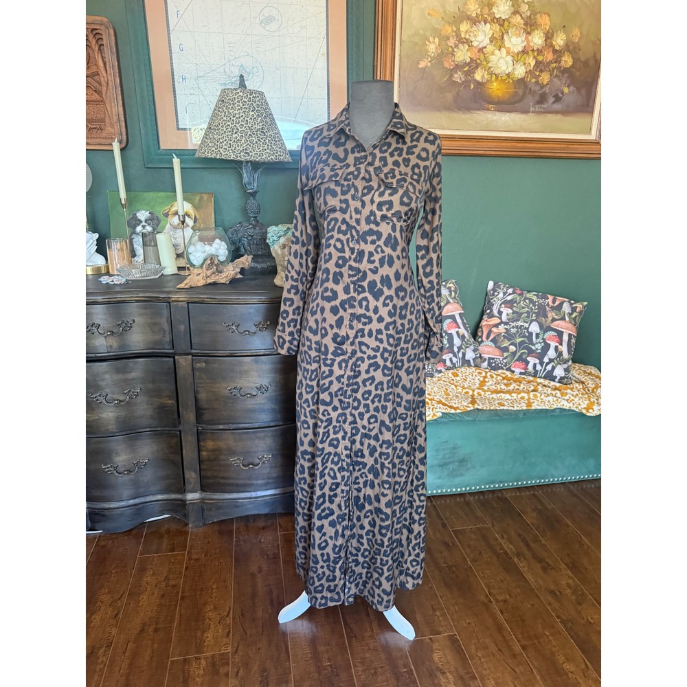 Banana‎ Republic Leopard Print Maxi Shirt Dress Womens XS Brown Animal Button Up